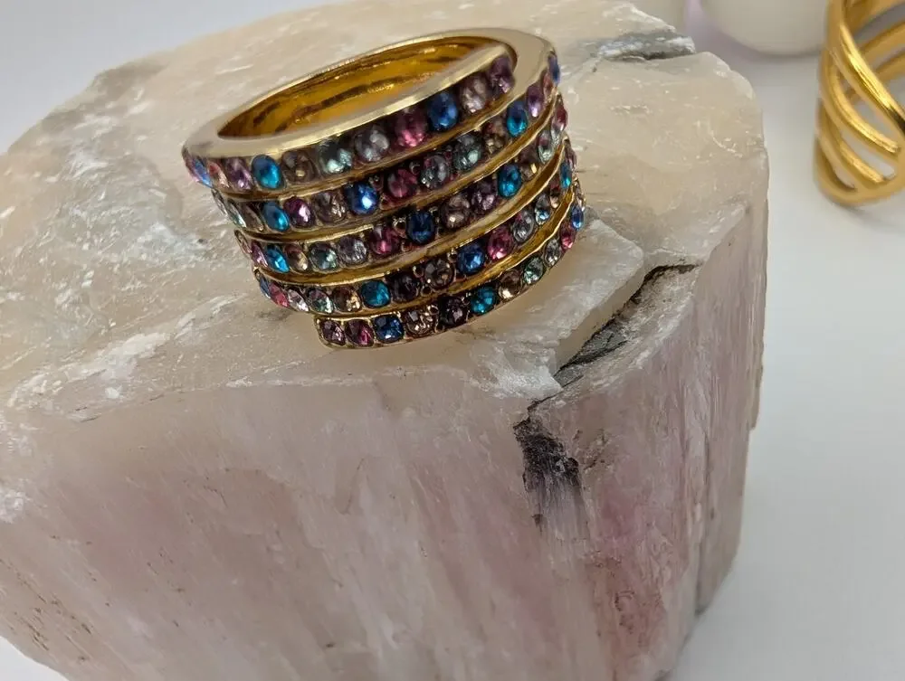 Fashion Gold Tone Multi-Row Pave Rhinestone Crystal Band Ring Size 7.5 Colorful